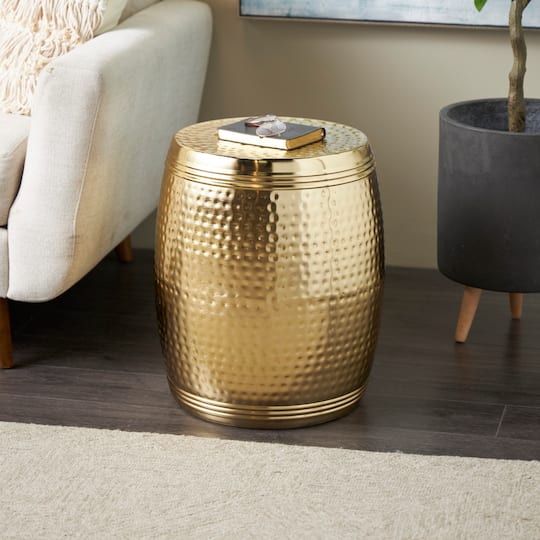 19" Gold Metal Hammered Drum Side End Accent Table